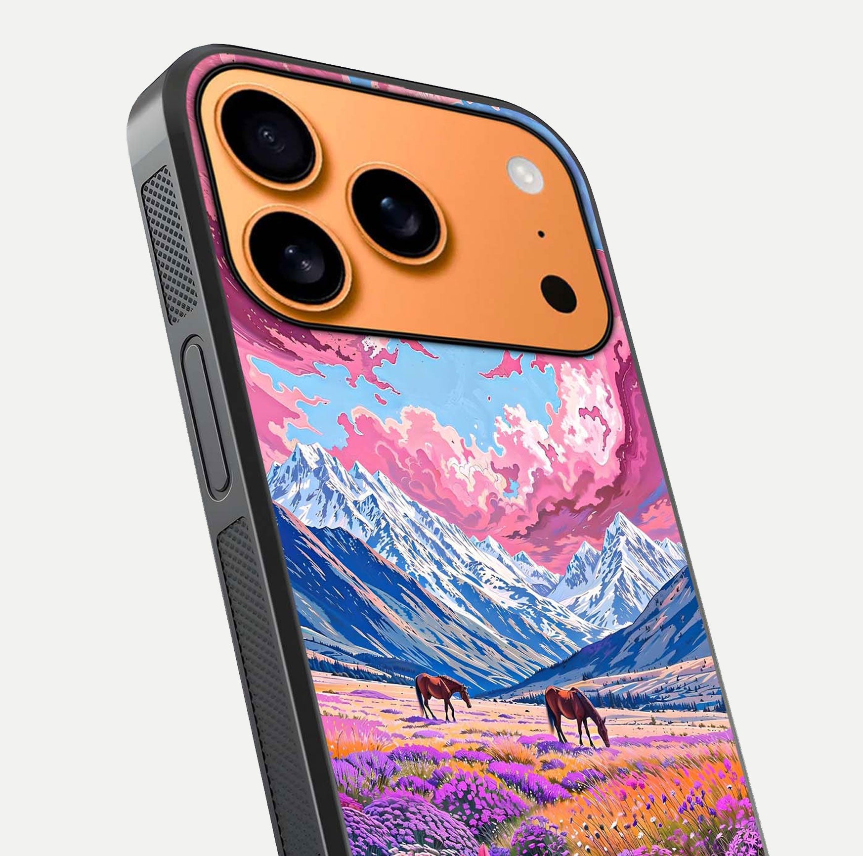 Blossom Valley Dream Glass Case for iPhone 17 Pro Max close-up view showing detailed flower print and pastel hues