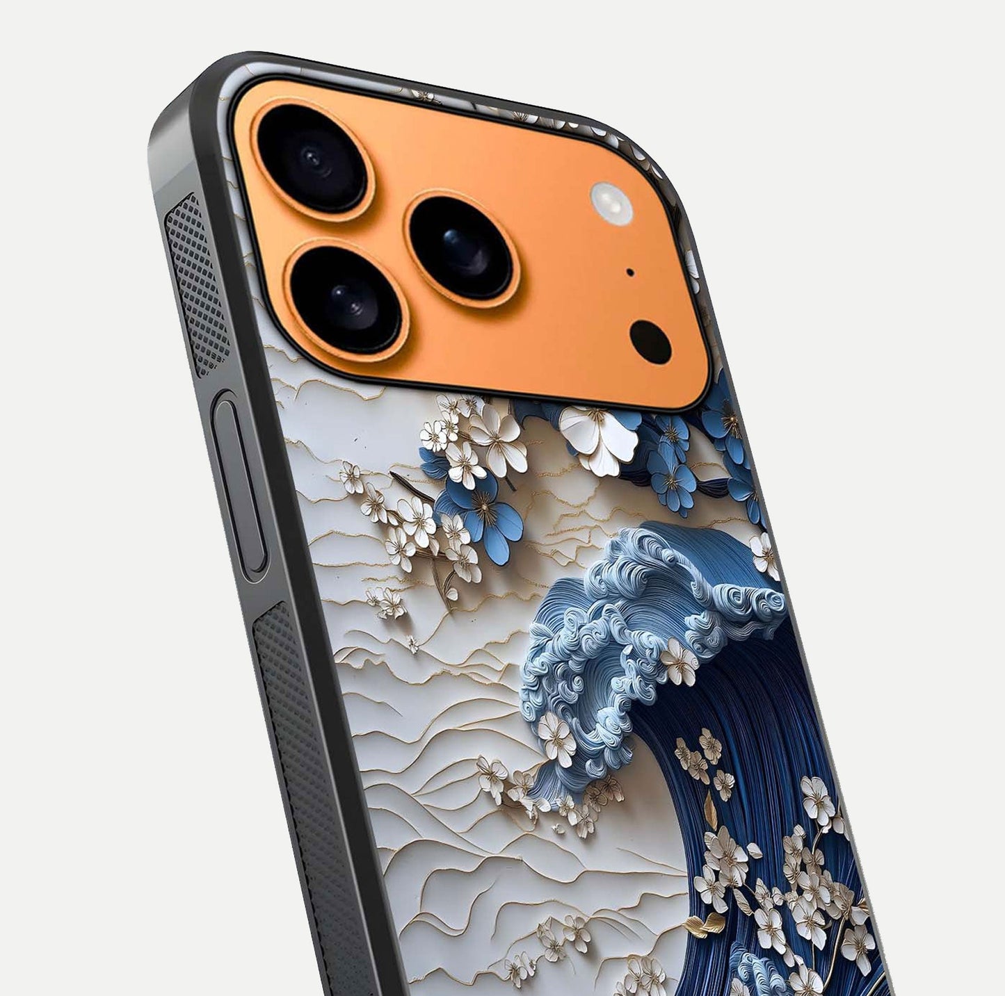 Blossom Wave Art Glass Case for iPhone 17 Pro Max close-up shot highlighting wave motion in floral art and reflection