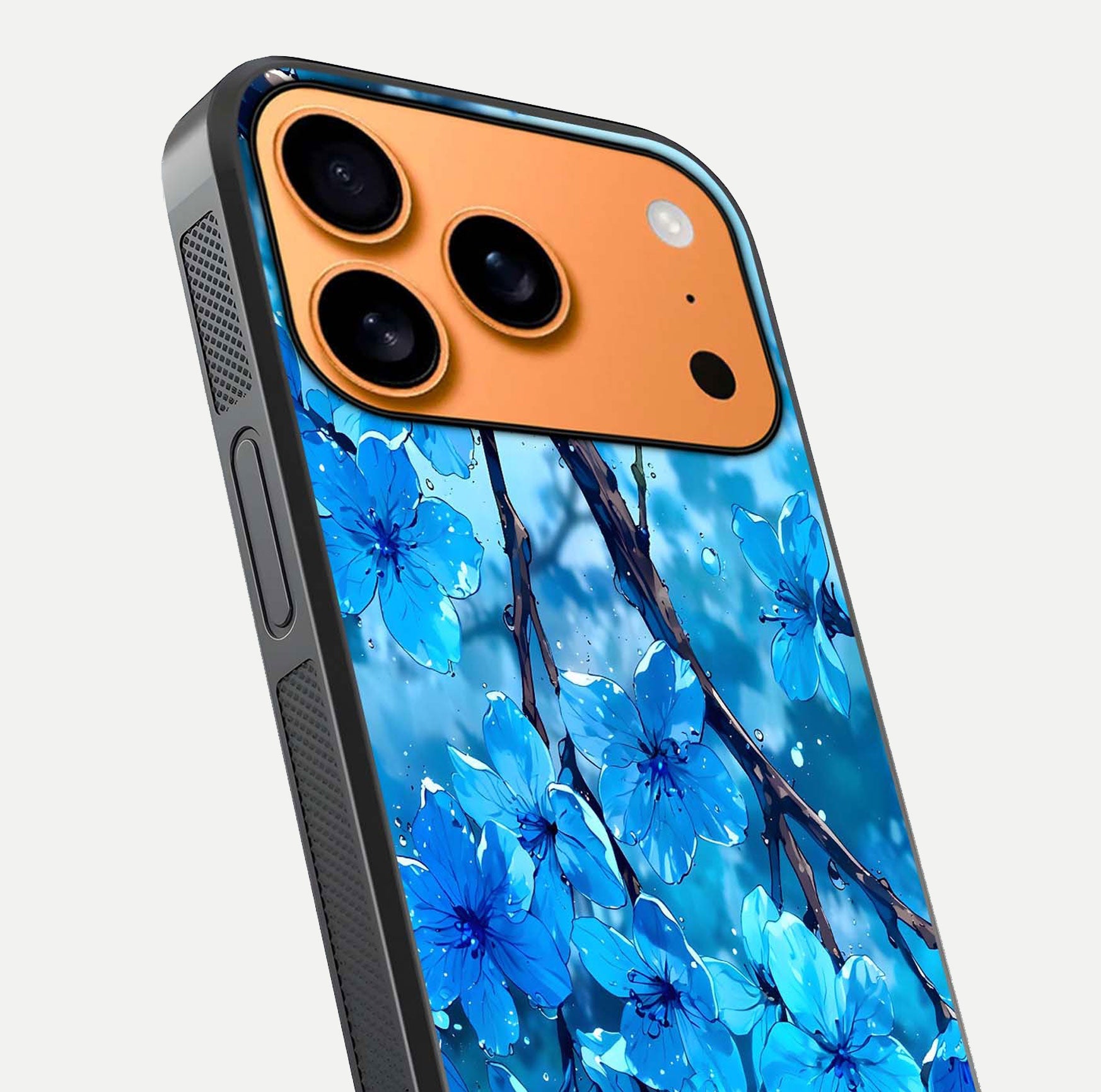 Blue Blossoms Branch Glass Case for iPhone 17 Pro Max close-up angle highlighting petal details and reflection gloss