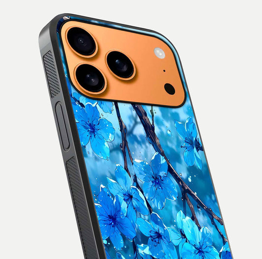 Blue Blossoms Branch Glass Case for iPhone 17 Pro Max close-up angle highlighting petal details and reflection gloss