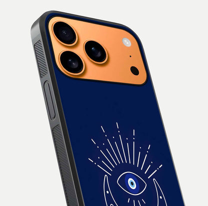 Blue Evil Eye Glass Case for iPhone 17 Pro Max close-up shot highlighting eye motif, protection symbol, and glass shine
