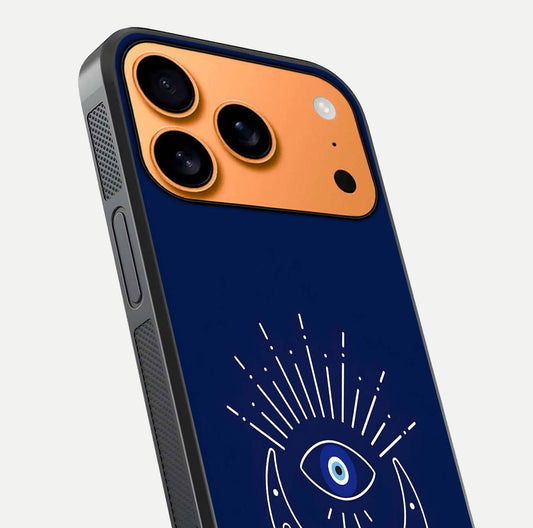 Blue Evil Eye Glass Case for iPhone 17 Pro Max close-up shot highlighting eye motif, protection symbol, and glass shine