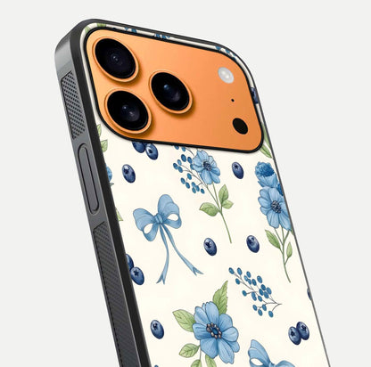 Blue Flower & Bow Glass Case for iPhone 17 Pro Max close-up shot highlighting ribbon detail and flower gloss finish
