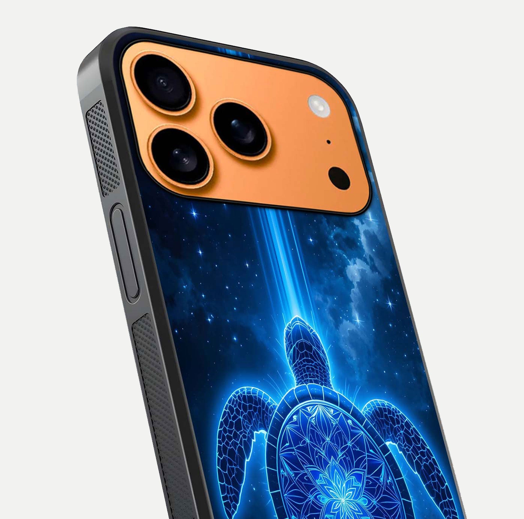 Blue Galaxy Turtle Glass Case for iPhone 17 Pro Max close-up image showing turtle shell detail and glowing galaxy tones