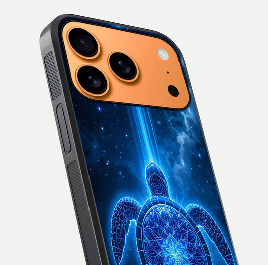 Blue Galaxy Turtle Glass Case for iPhone 17 Pro Max close-up image showing turtle shell detail and glowing galaxy tones