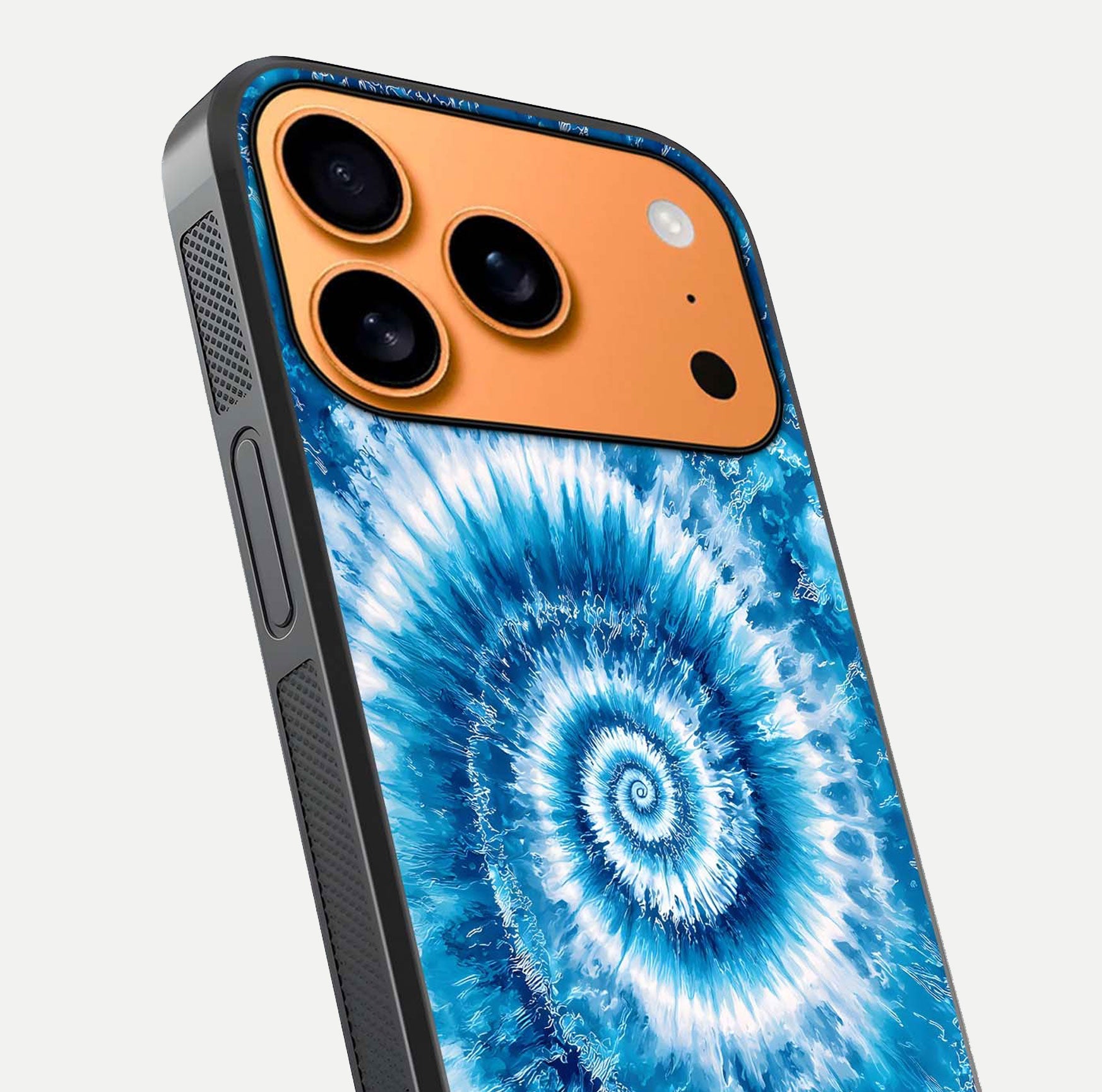 Blue Galaxy Wave Glass Case for iPhone 17 Pro Max close-up highlighting fluid wave motion and deep-blue reflection