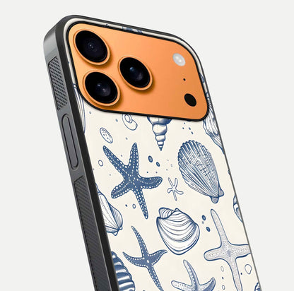 Blue Ocean Outline Glass Case for iPhone 17 Pro Max close-up shot highlighting line art details and reflection texture