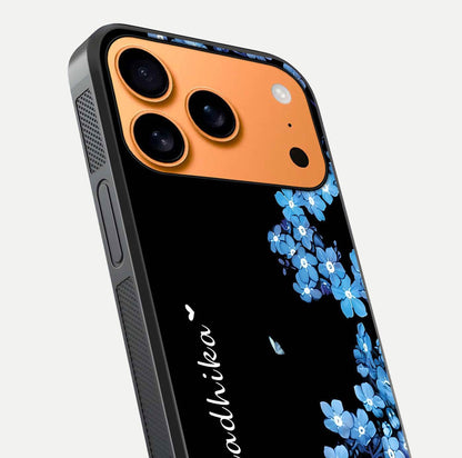 Blue Petal Dream Custom Name Glass Case for iPhone 17 Pro Max close-up highlighting petal texture and gloss reflection