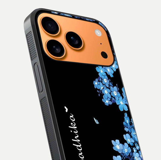Blue Petal Dream Custom Name Glass Case for iPhone 17 Pro Max close-up highlighting petal texture and gloss reflection
