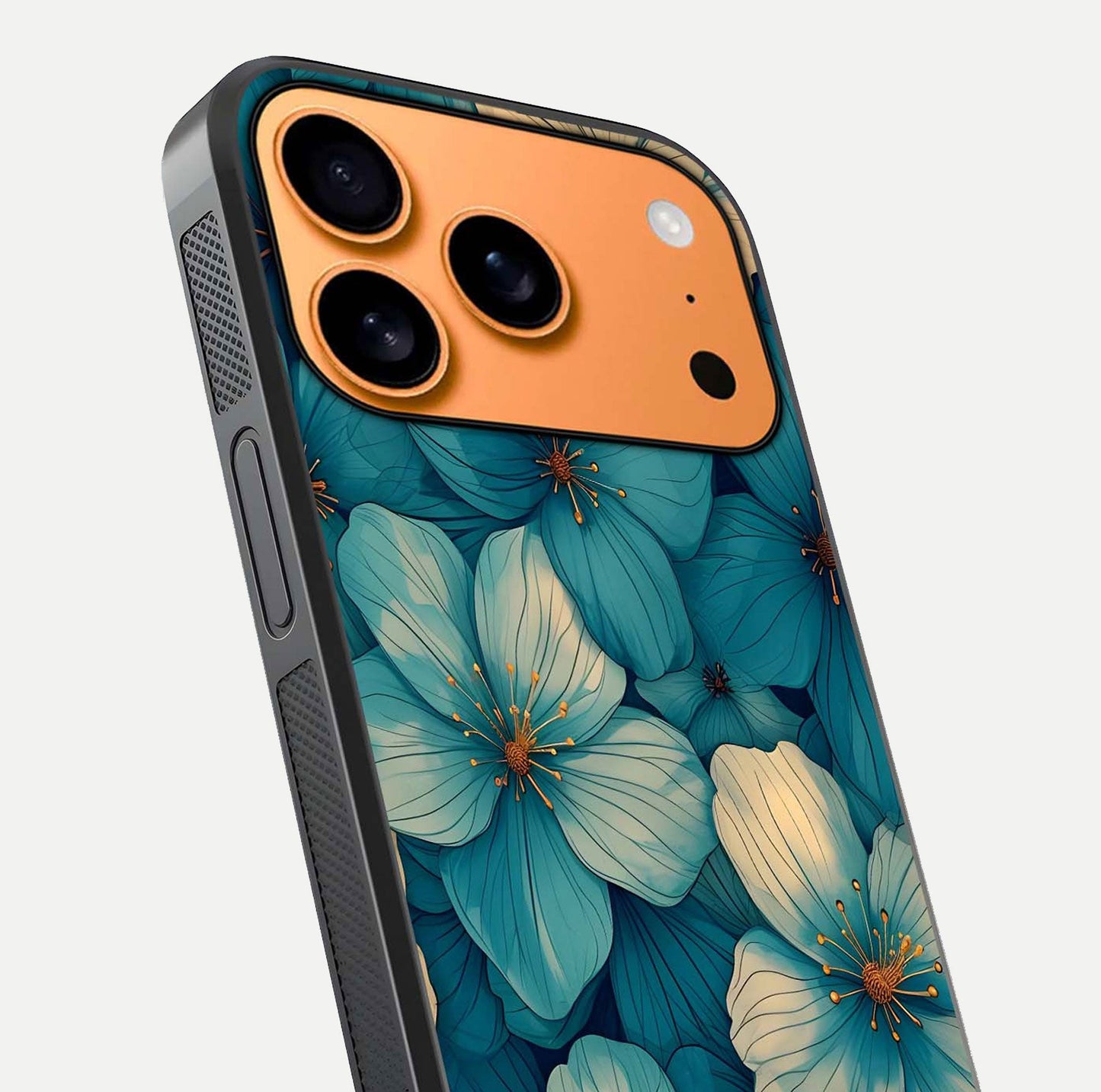 Blue Shade Floral Glass Case for iPhone 17 Pro Max close-up angle showing flower print precision and reflection