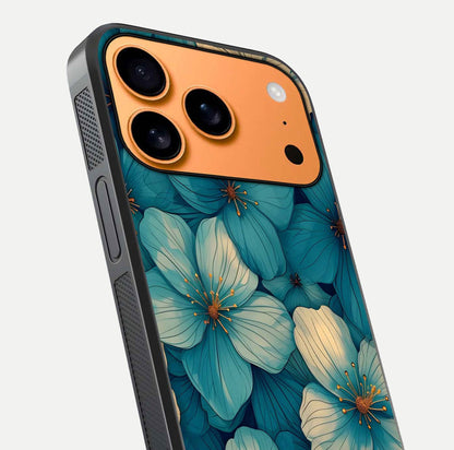 Blue Shade Floral Glass Case for iPhone 17 Pro Max close-up angle showing flower print precision and reflection