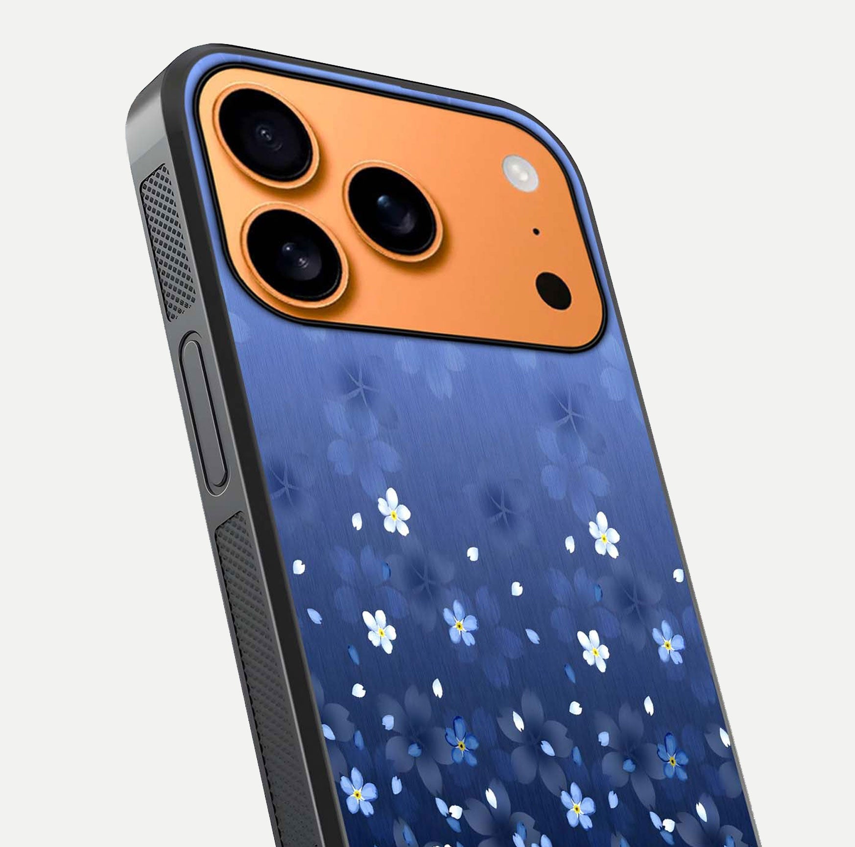 Blue Starry Glass Case for iPhone 17 Pro Max close-up image highlighting sparkle details and midnight blue gradient