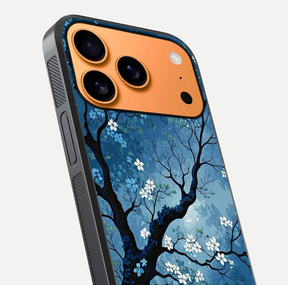 Blue Tree Serenity Glass Case for iPhone 17 Pro Max close-up view highlighting tree branches and reflection gloss