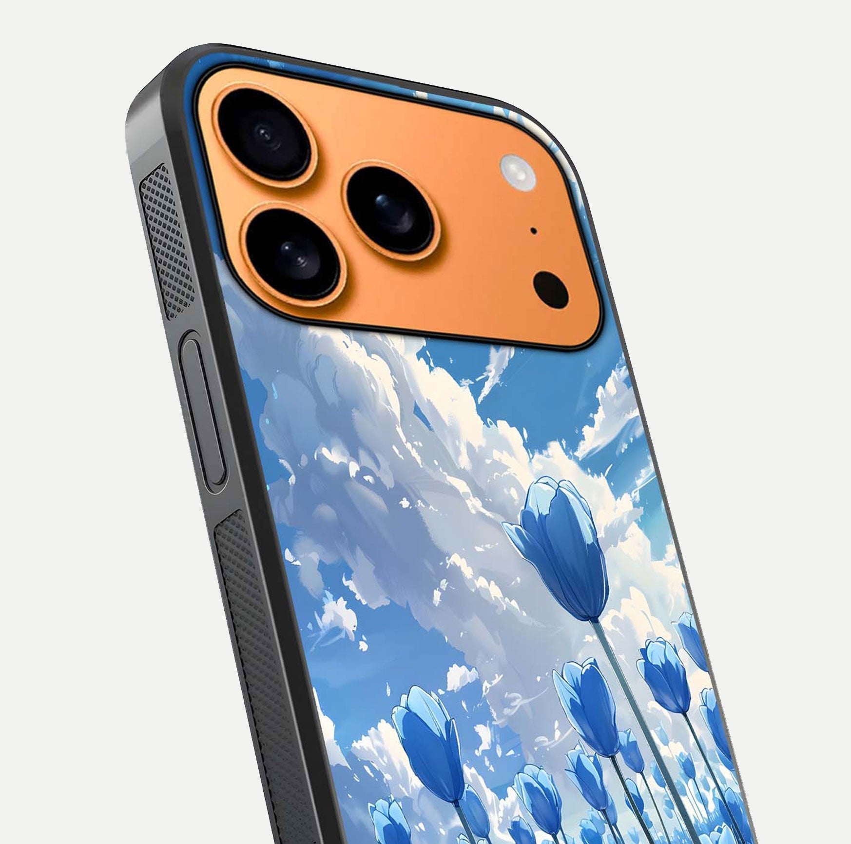 Blue Tulip Clouds Glass Case for iPhone 17 Pro Max close-up image highlighting tulip petals, clouds, and reflection texture
