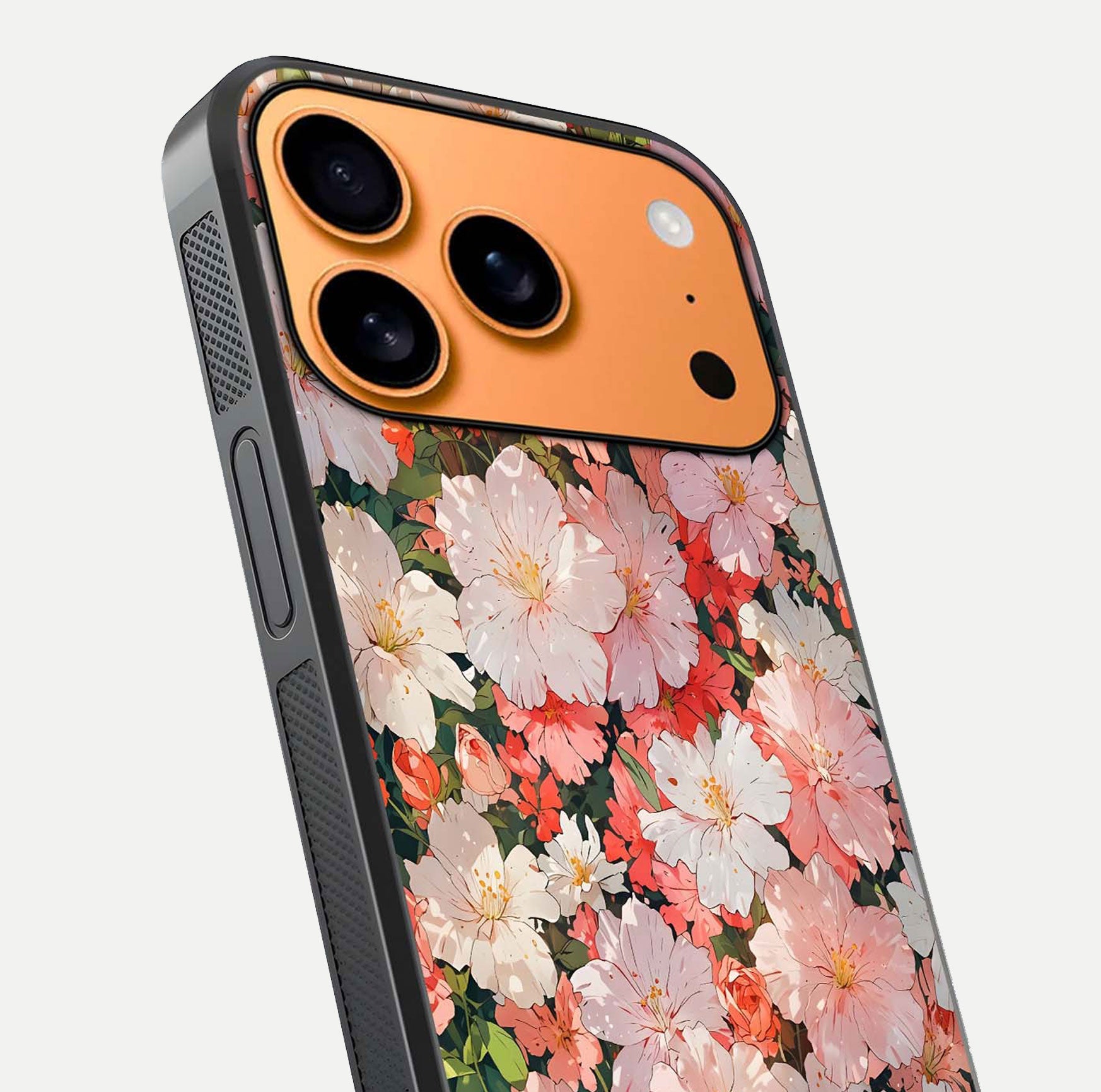 Blush Bloom Field Glass Case for iPhone 17 Pro Max close-up shot capturing pastel flower field tones and gloss shine