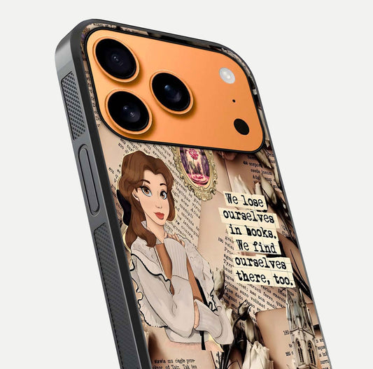 Bookish Dream World Glass Case for iPhone 17 Pro Max close-up shot highlighting book elements and reflection gloss