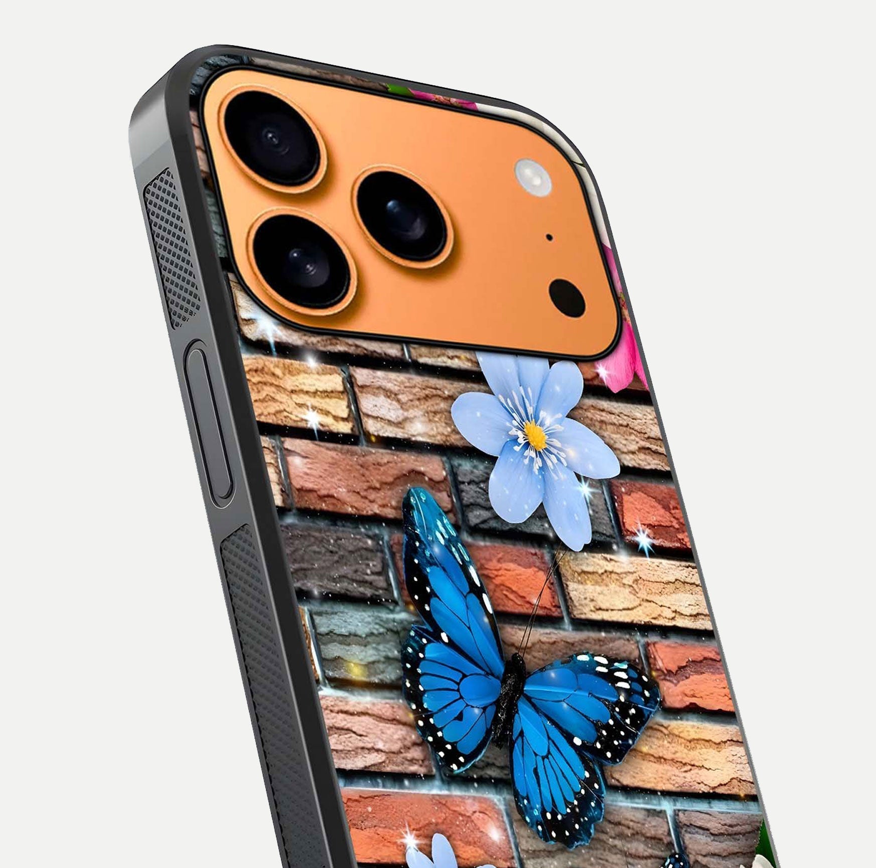 Brick Bloom Flight Glass Case for iPhone 17 Pro Max close-up angle highlighting flower clusters and reflection detail