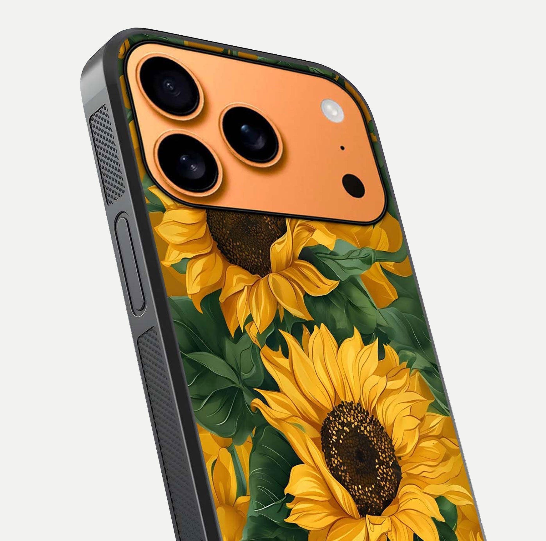 Bright Sunflower Bloom Glass Case for iPhone 17 Pro Max close-up image highlighting yellow petal detail and HD reflection