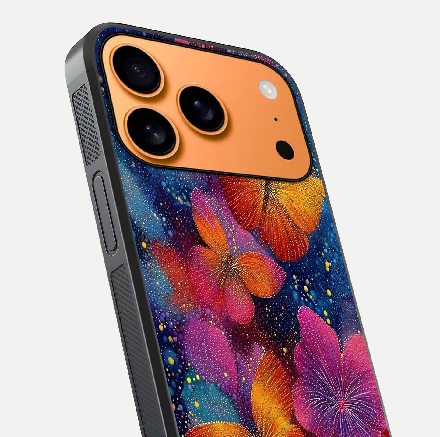 Butterfly Dream Mist Glass Case for iPhone 17 Pro Max close-up capturing wing pattern detail and glossy finish texture