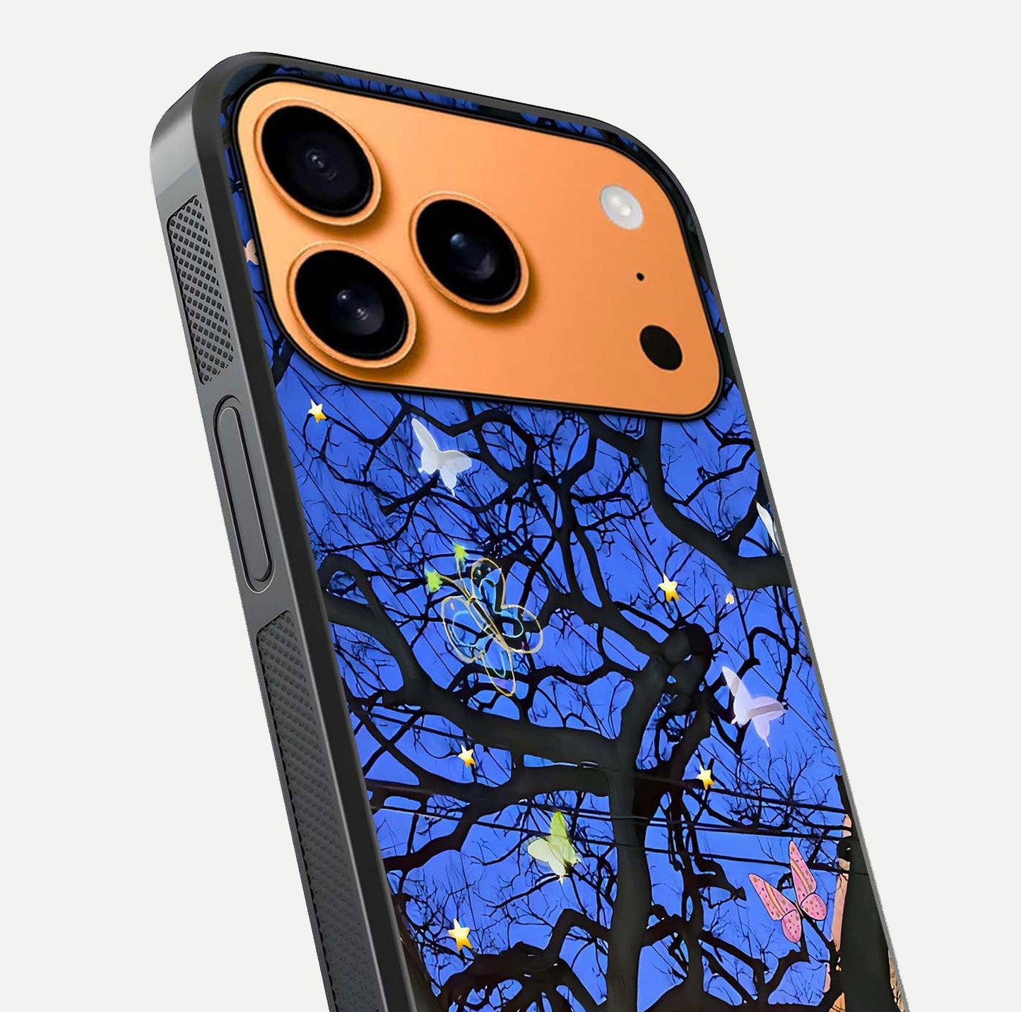 Butterfly Night Magic Glass Case for iPhone 17 Pro Max close-up highlighting wings reflection and gloss shimmer