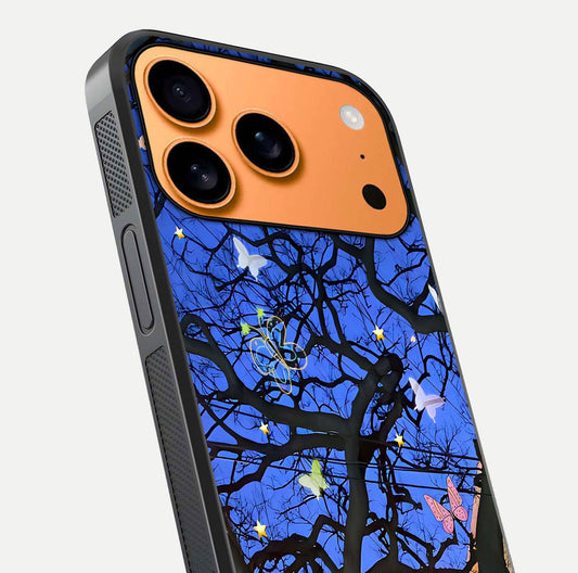 Butterfly Night Magic Glass Case for iPhone 17 Pro Max close-up highlighting wings reflection and gloss shimmer