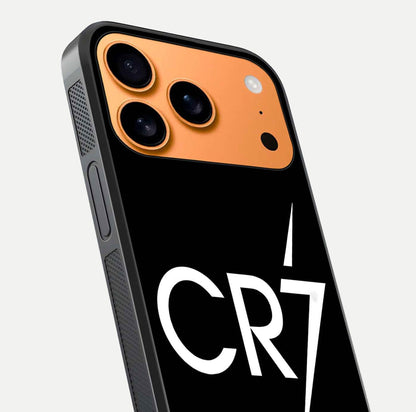 CR7 Elite Strike Glass Case for iPhone 17 Pro Max close-up highlighting CR7 artwork and shine reflection