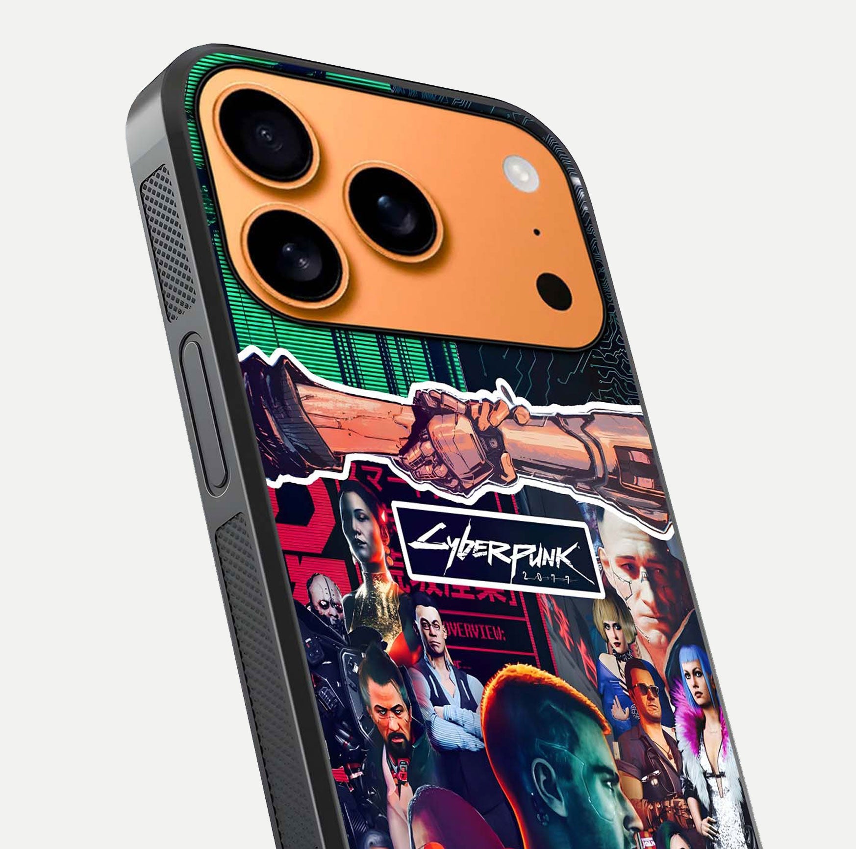 CYBERPUNK Legacy Glass Case for iPhone 17 Pro Max close-up highlighting circuit texture and reflection tone