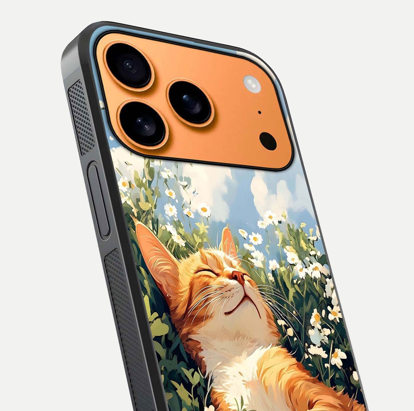 Cat & Flowers View Glass Case for iPhone 17 Pro Max close-up view highlighting cat expression and petal detail