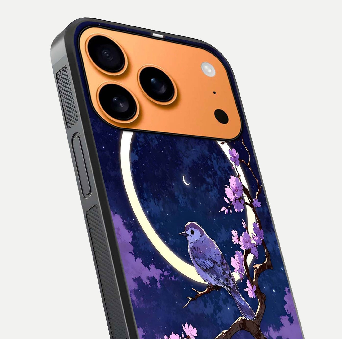 Celestial Bird Blossom Glass Case for iPhone 17 Pro Max close-up capturing bird detail, petal reflection, and gloss shine