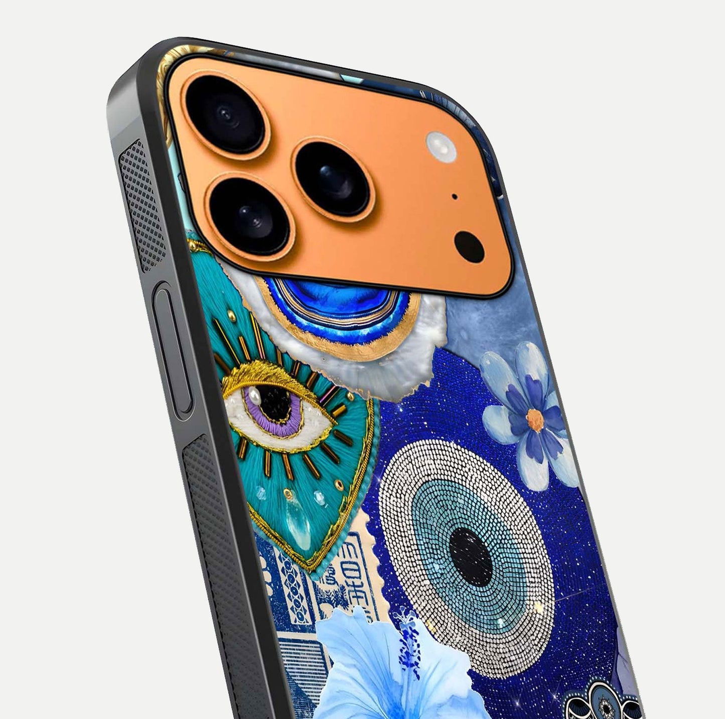 Celestial Blue Vision Glass Case for iPhone 17 Pro Max close-up shot highlighting reflection details and smooth edge polish