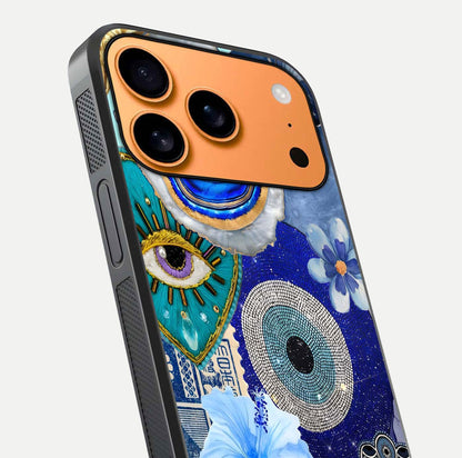 Celestial Blue Vision Glass Case for iPhone 17 Pro Max close-up shot highlighting reflection details and smooth edge polish