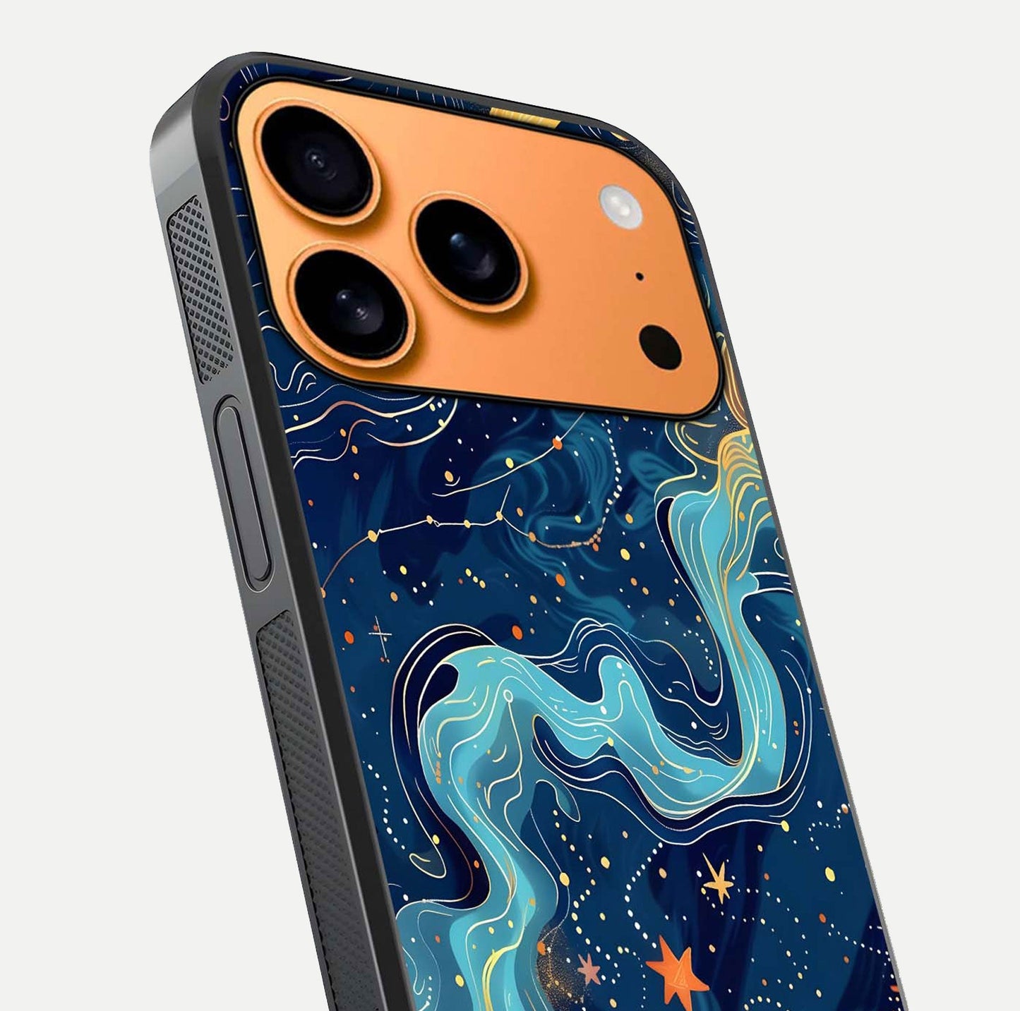 Celestial Dream Flow Glass Case for iPhone 17 Pro Max close-up highlighting star reflections and smooth glow gradient