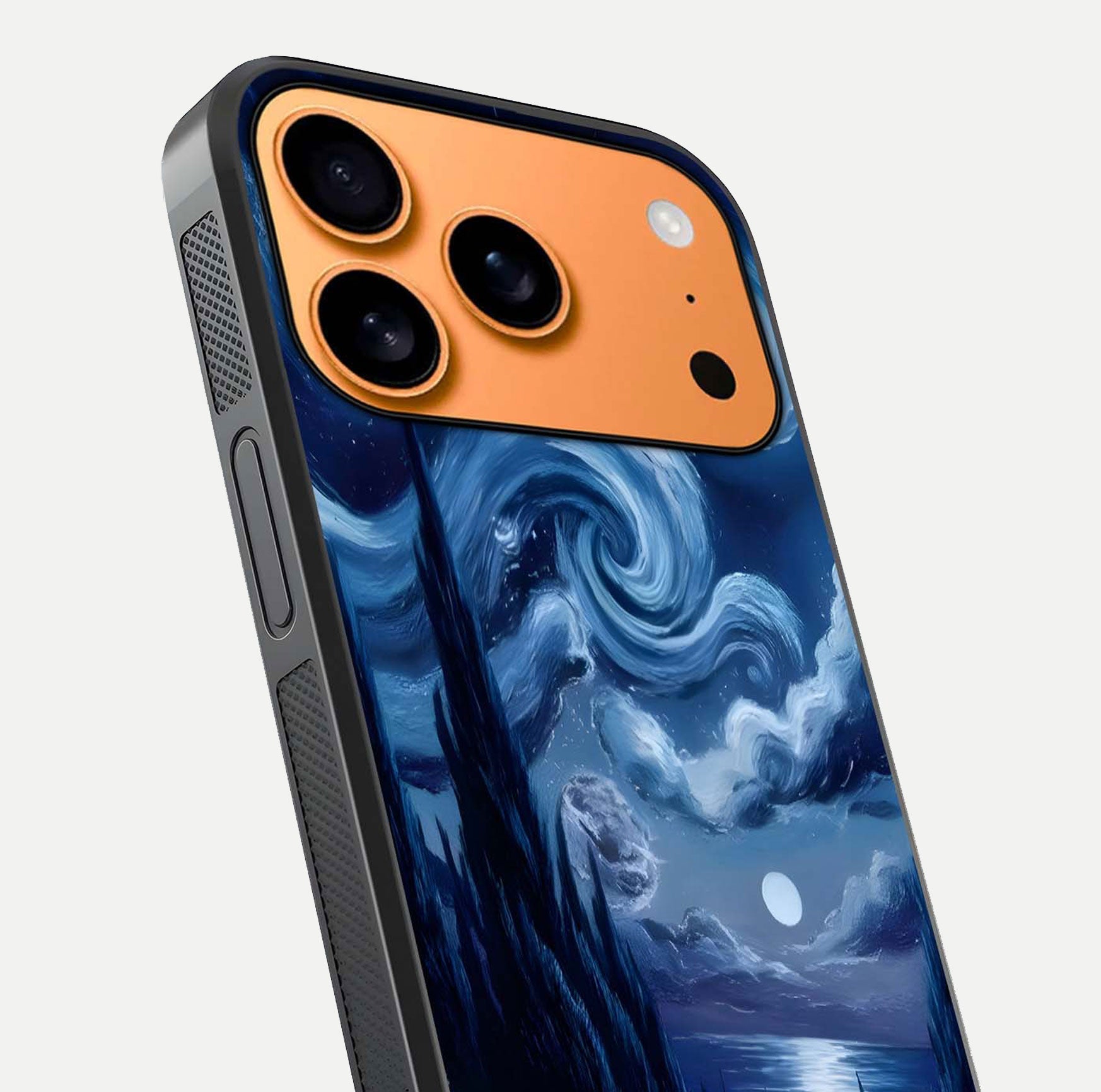 Celestial Dream Van Gogh Glass Case for iPhone 17 Pro Max close-up view capturing vivid brush details and star reflection