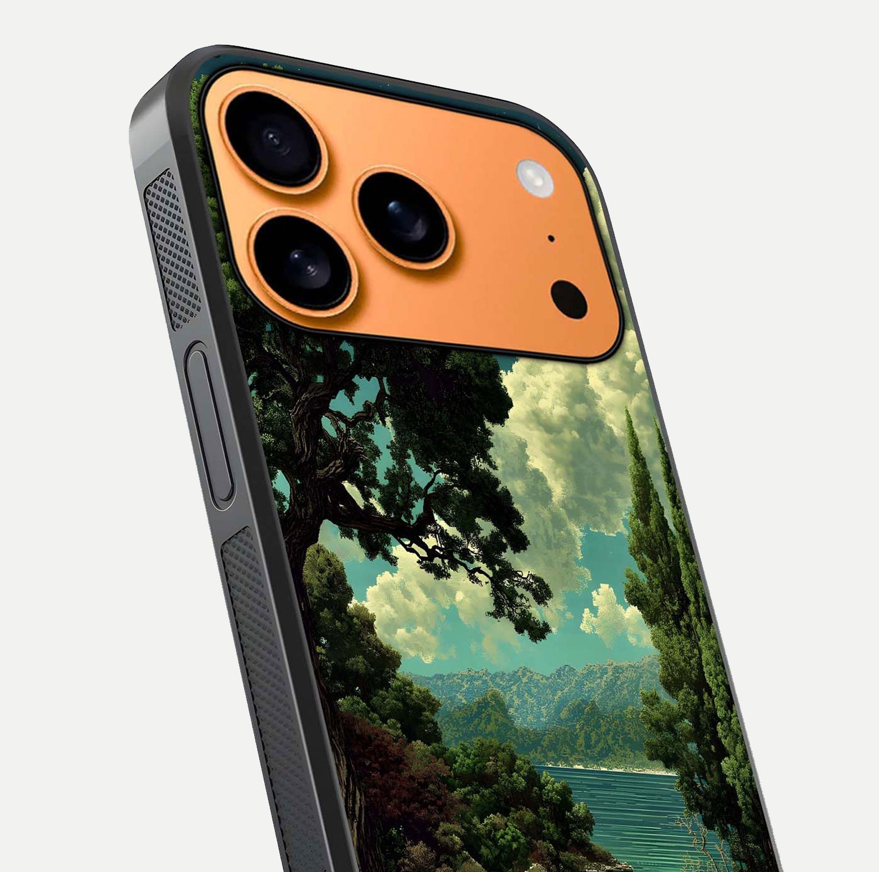 Celestial Lake Peace Glass Case for iPhone 17 Pro Max close-up highlighting moon reflection and glossy texture