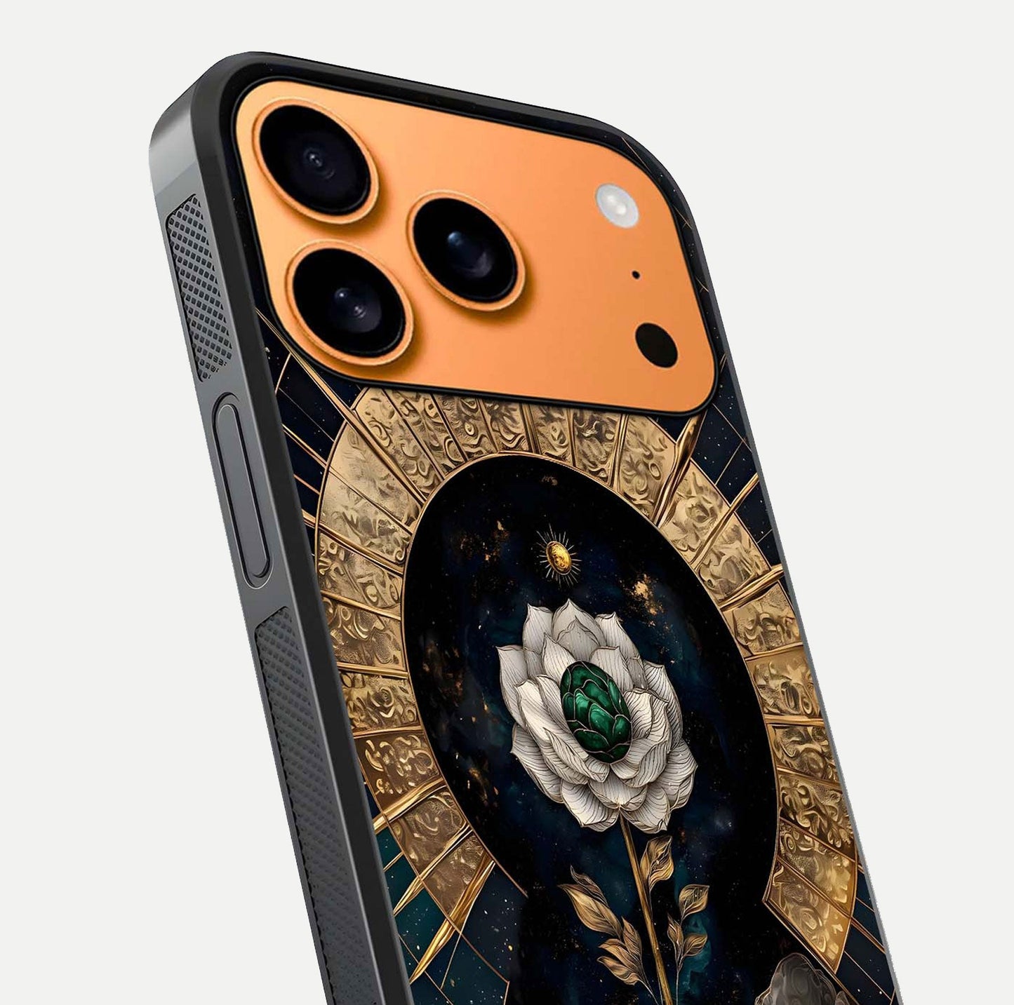 Celestial Lotus Morang Glass Case for iPhone 17 Pro Max close-up highlighting pink lotus petals and reflection