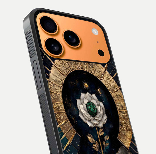 Celestial Lotus Morang Glass Case for iPhone 17 Pro Max close-up highlighting pink lotus petals and reflection