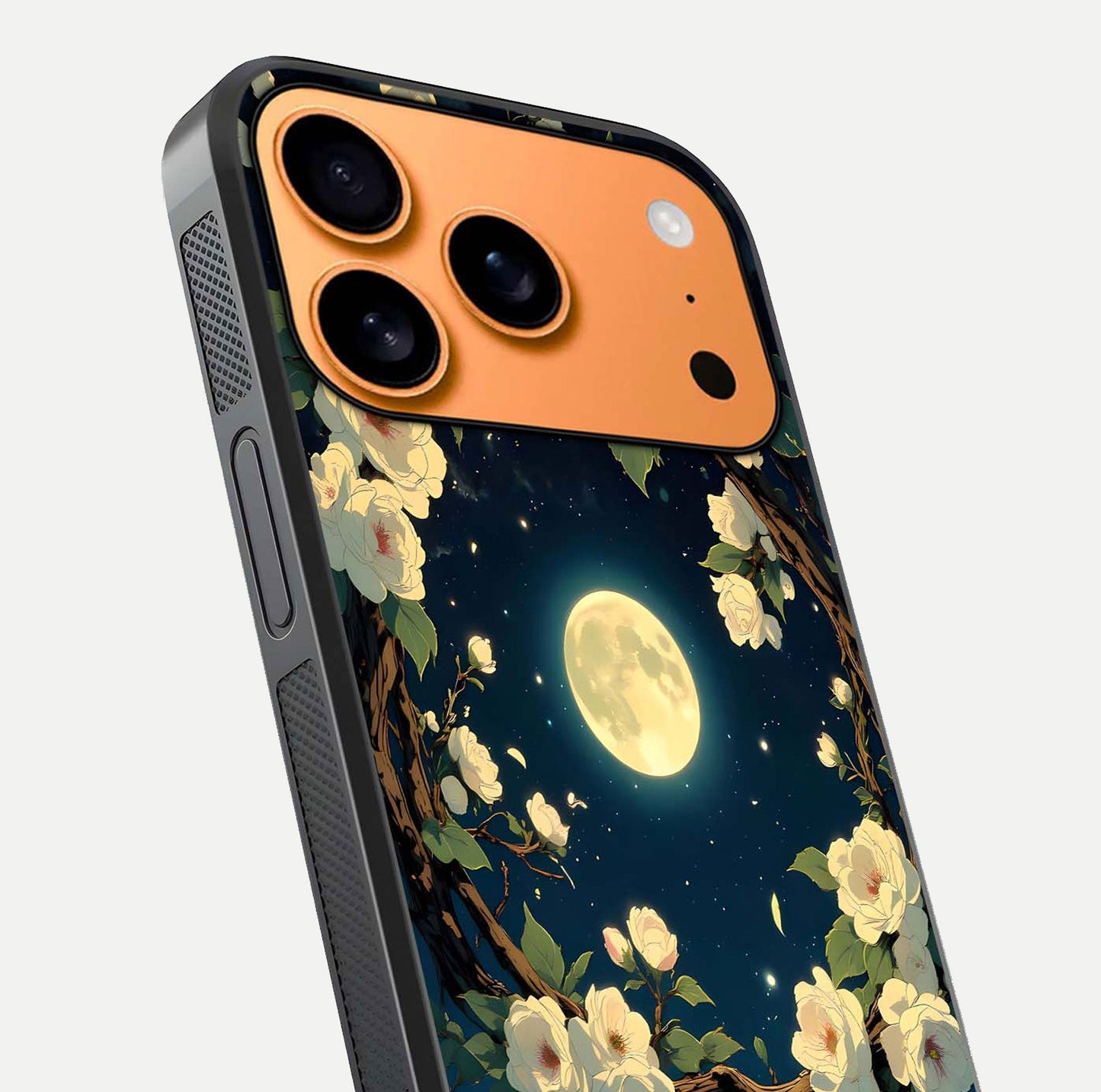 Celestial Moon & Flower Glass Case for iPhone 17 Pro Max close-up capturing petal reflection and moonlight contrast