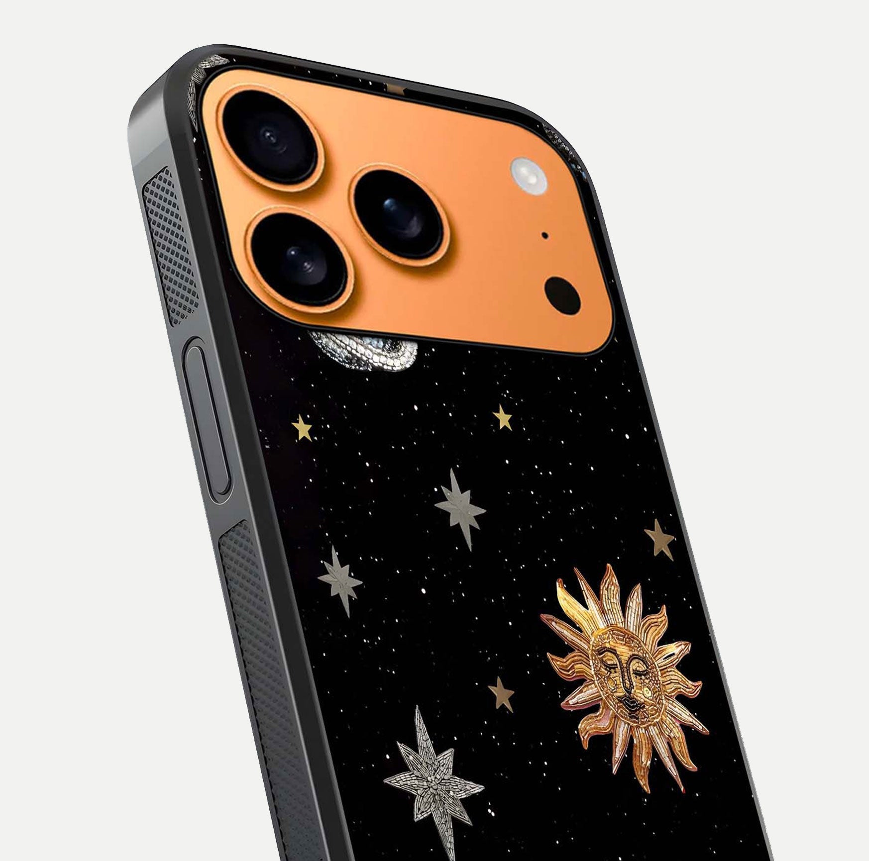 Celestial Moon With Stars Glass Case for iPhone 17 Pro Max close-up showing cosmic reflection and HD shine