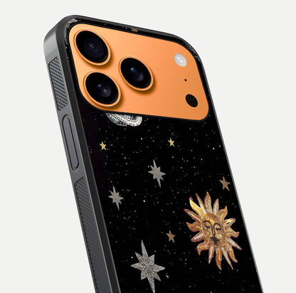 Celestial Moon With Stars Glass Case for iPhone 17 Pro Max close-up showing cosmic reflection and HD shine