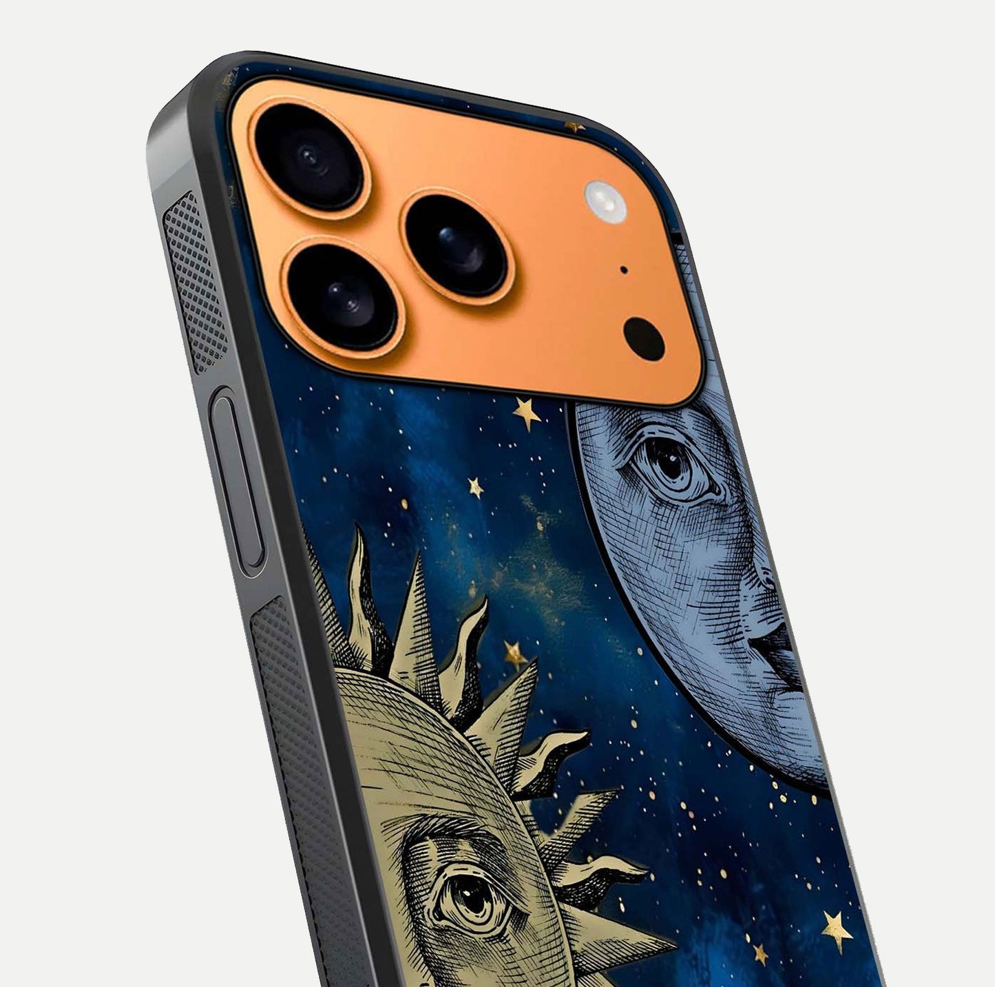 Celestial Moon With Sun Glass Case for iPhone 17 Pro Max close-up highlighting fine celestial detail and polish reflection