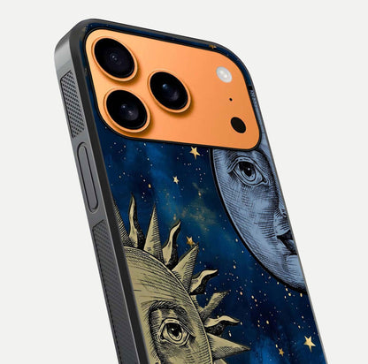 Celestial Moon With Sun Glass Case for iPhone 17 Pro Max close-up highlighting fine celestial detail and polish reflection