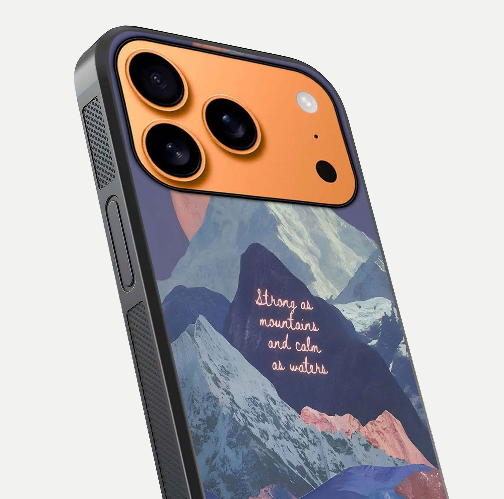 Celestial Mountain Calm Glass Case for iPhone 17 Pro Max close-up showing peak reflection and HD gloss texture