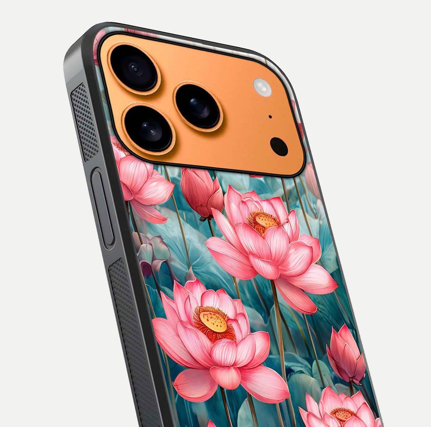 Celestial Pink Lotus Glass Case for iPhone 17 Pro Max close-up highlighting petal detail and HD glass reflection