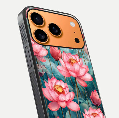 Celestial Pink Lotus Glass Case for iPhone 17 Pro Max close-up highlighting petal detail and HD glass reflection