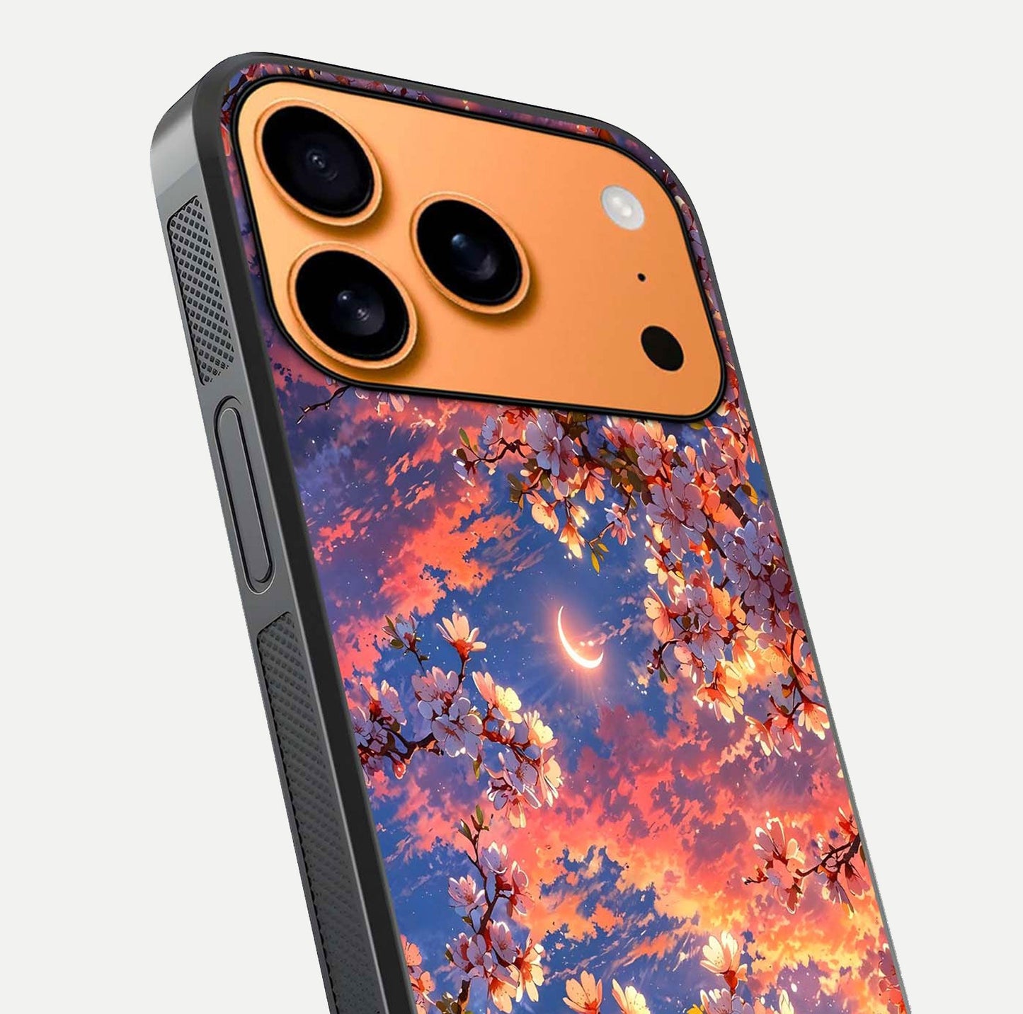Celestial Sakura Sunset Glass Case for iPhone 17 Pro Max close-up image highlighting blossom petals and gloss shine