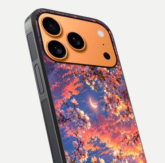 Celestial Sakura Sunset Glass Case for iPhone 17 Pro Max close-up image highlighting blossom petals and gloss shine