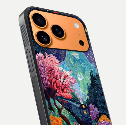 Celestial Train Journey Glass Case for iPhone 17 Pro Max close-up highlighting train lights, cosmic tones, and reflection detail