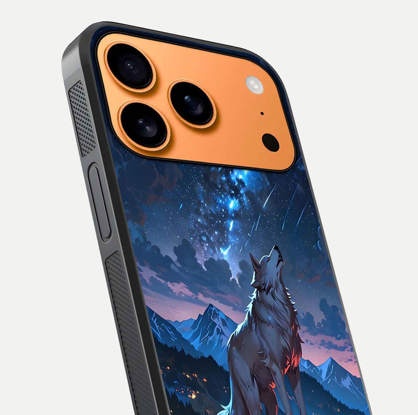 Celestial Wolf Howl Glass Case for iPhone 17 Pro Max close-up showing wolf silhouette and glowing moon reflection