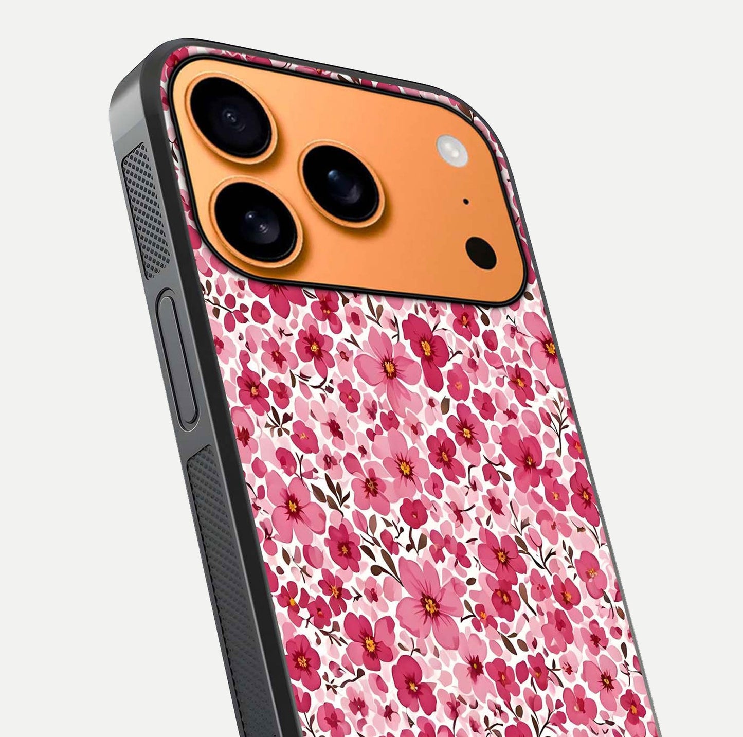 Cherry Blossom Charm Glass Case for iPhone 17 Pro Max close-up highlighting petal gradient and reflection shine