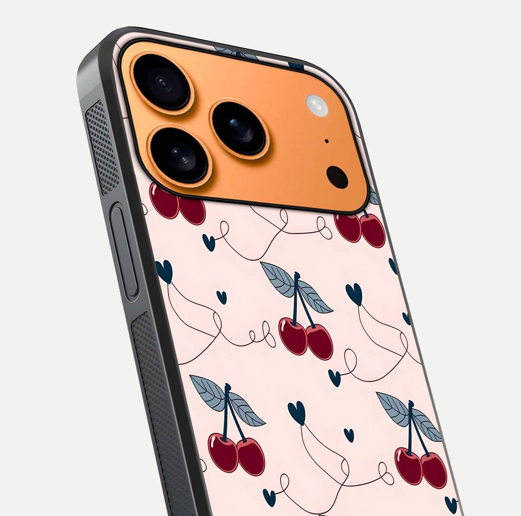 Cherry Heart Line Glass Case for iPhone 17 Pro Max close-up showing heart outline and HD reflection gloss